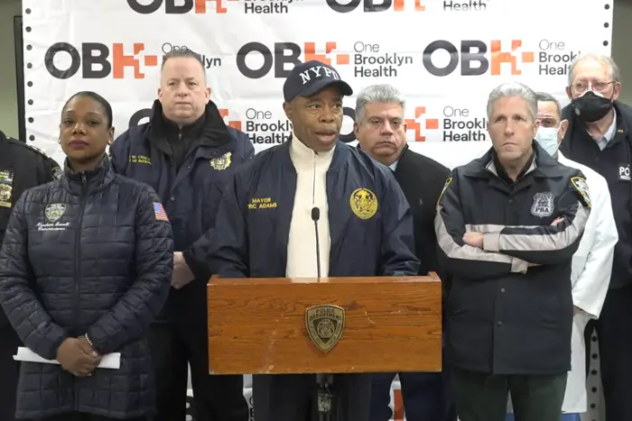 Mayor Eric Adams during a news conference following the shooting of an off-duty NYPD officer Saturday night.